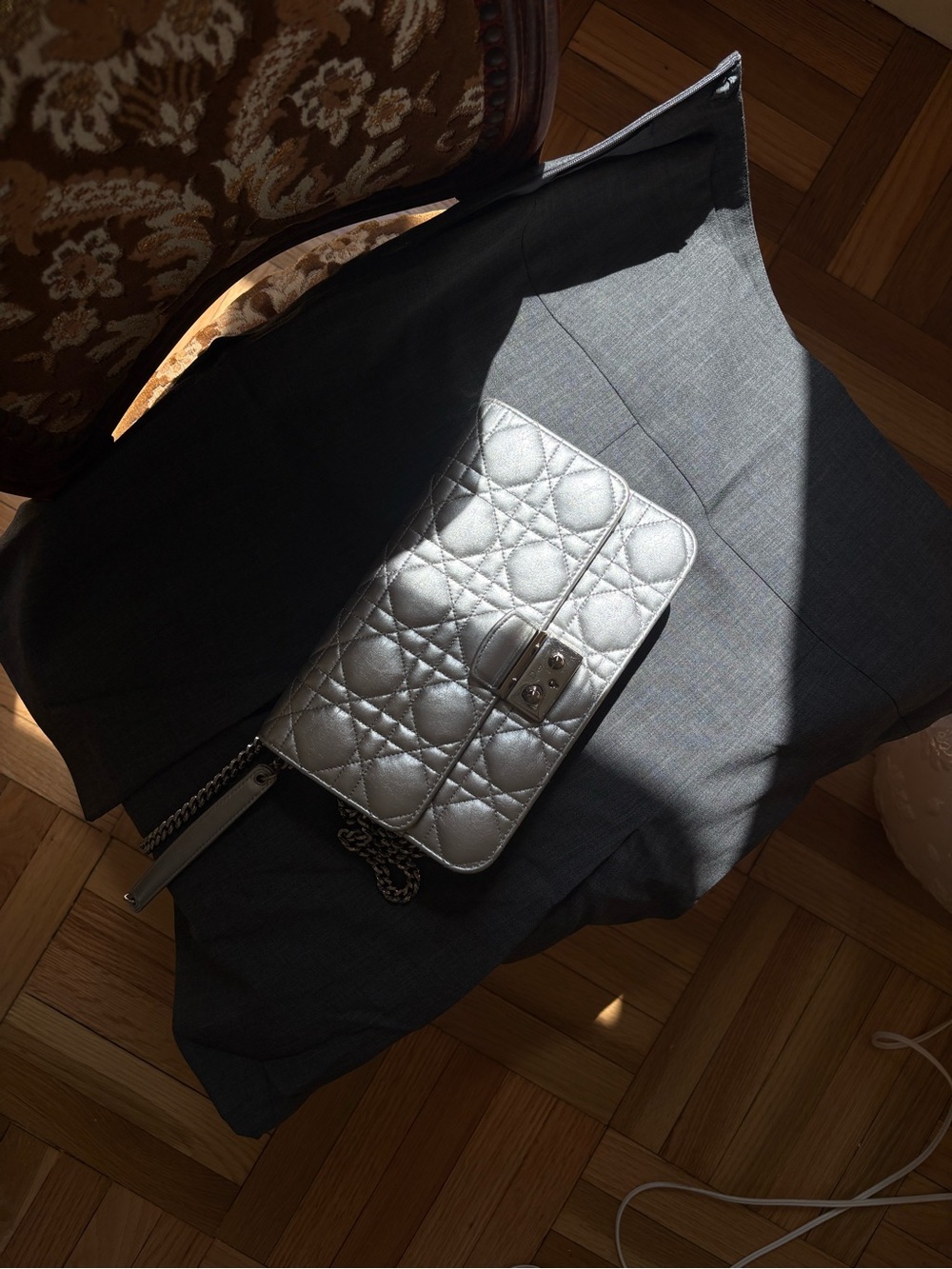 Dior Silver Quilted Leather Chain Shoulder Bag